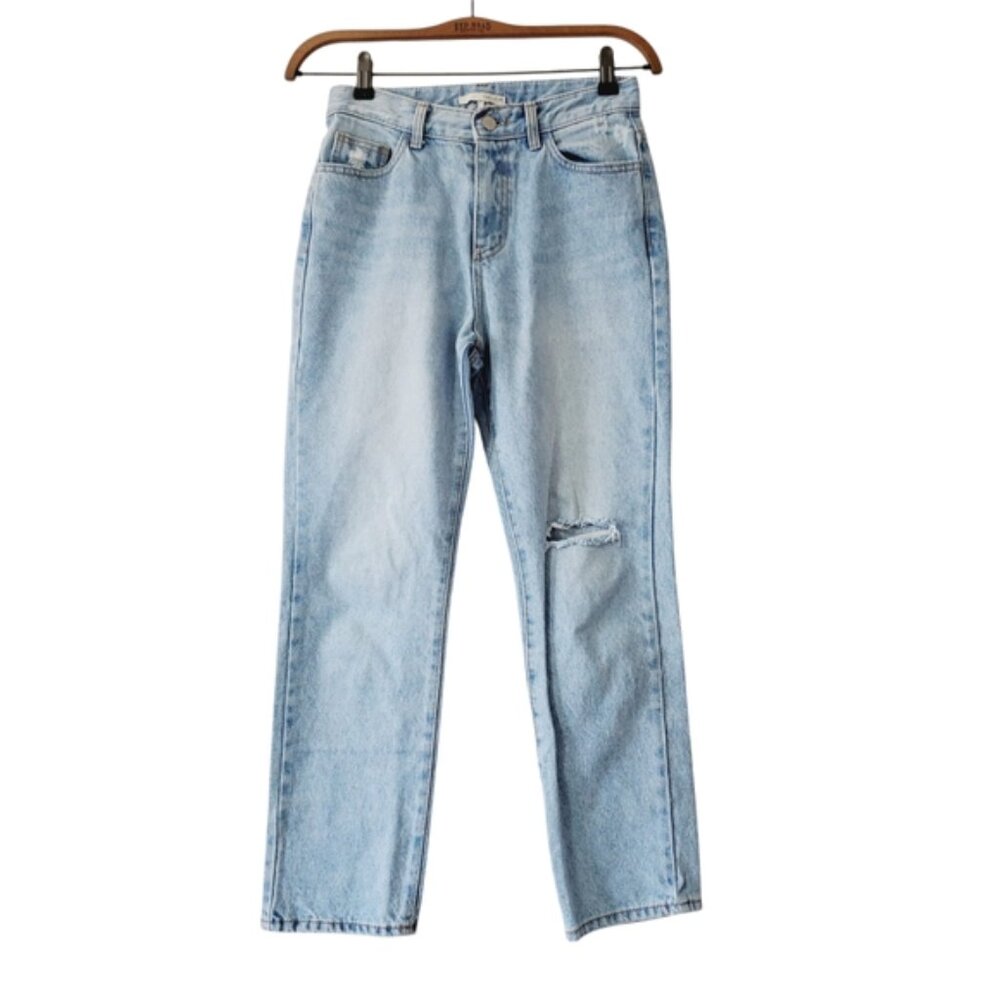 Oak & Fort Lightwash High Rise Rigid Distressed Straight Leg Mom Jeans S - Picture 2 of 7